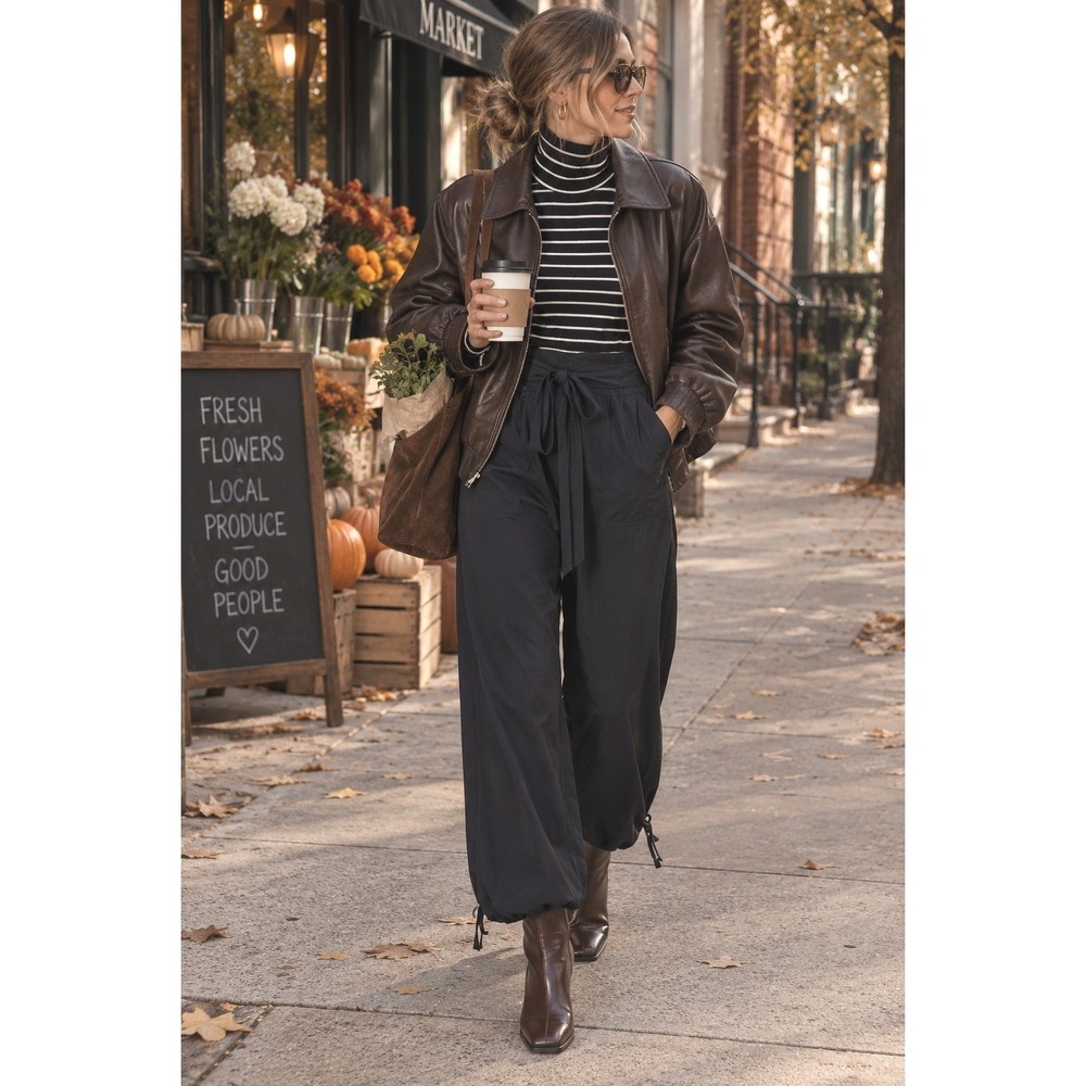 Anthropologie parachute trouser black tie waist cooling fall rayon layers LG euc